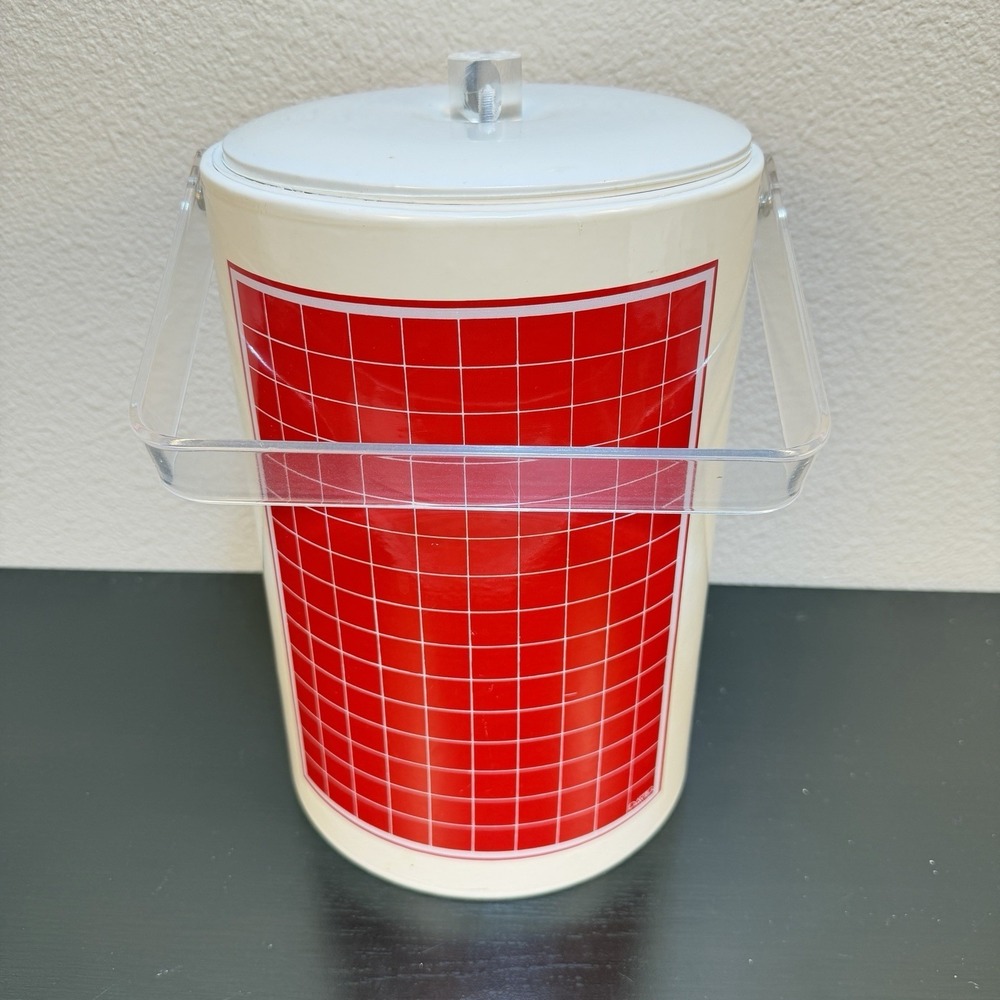 Vintage H.J. Stotter Lucite Plastic Ice Bucket MCM Red White